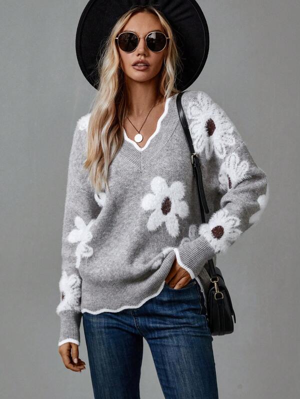 THEA ELEGANT V-NECK FLORAL SWEATER