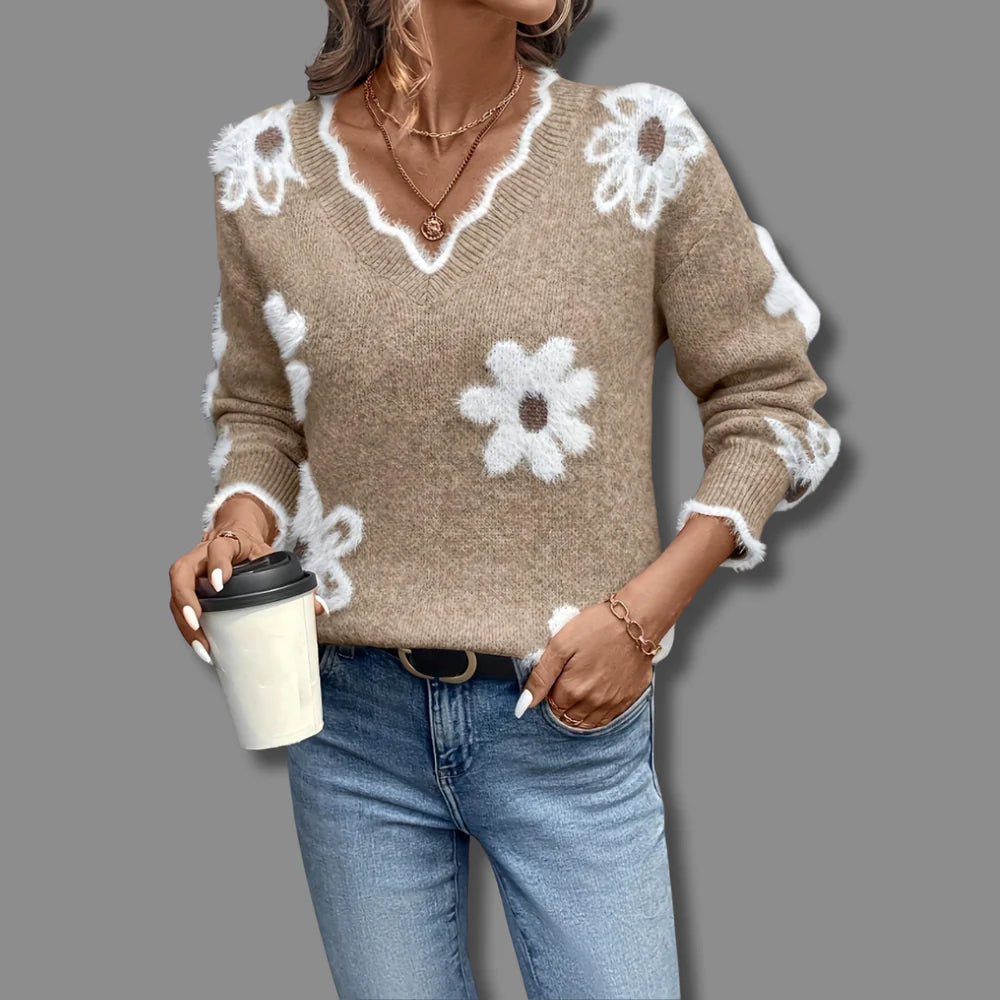 THEA ELEGANT V-NECK FLORAL SWEATER