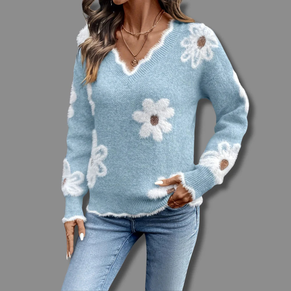 THEA ELEGANT V-NECK FLORAL SWEATER